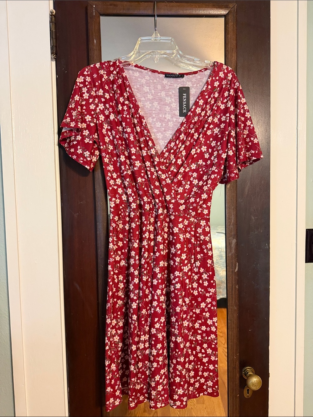 Fensace Red Floral Midi Wrap Dress with V-Neck